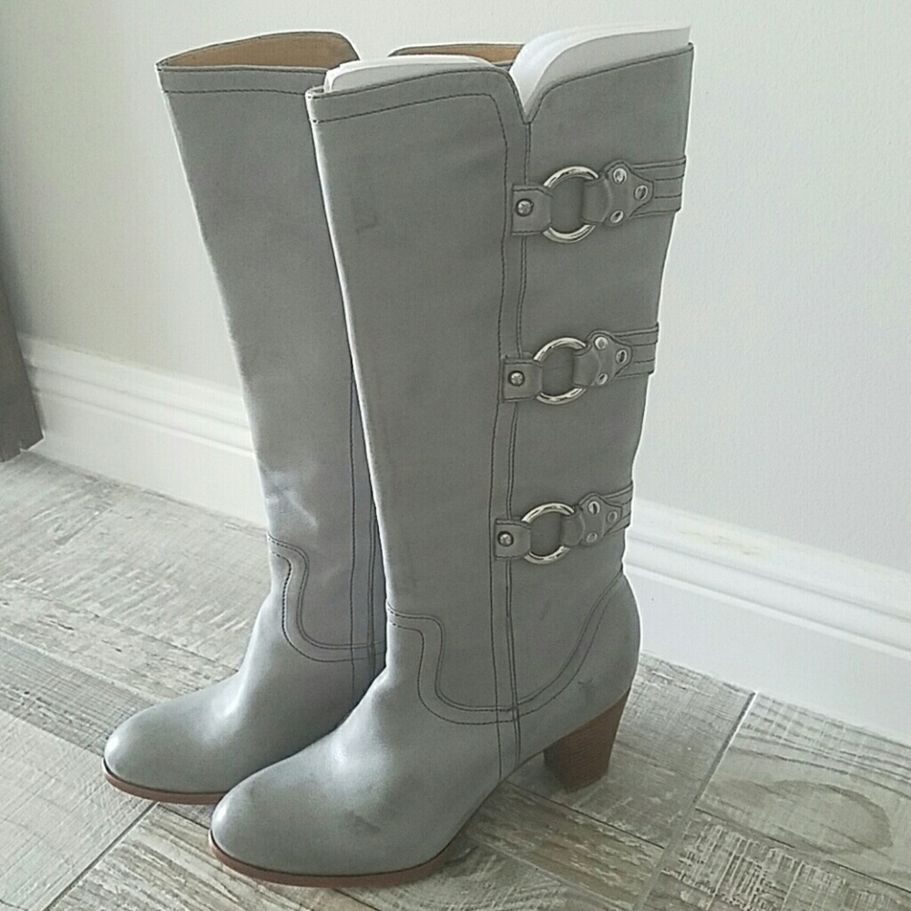 FRYE Boots Fiona 3 Buckle Stacke Heel Grey Western Vintage Rare Women's sz 9 NWT